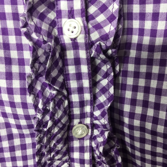 Old Navy Purple and white check button down shirt with ruffles - Picture 2 of 4